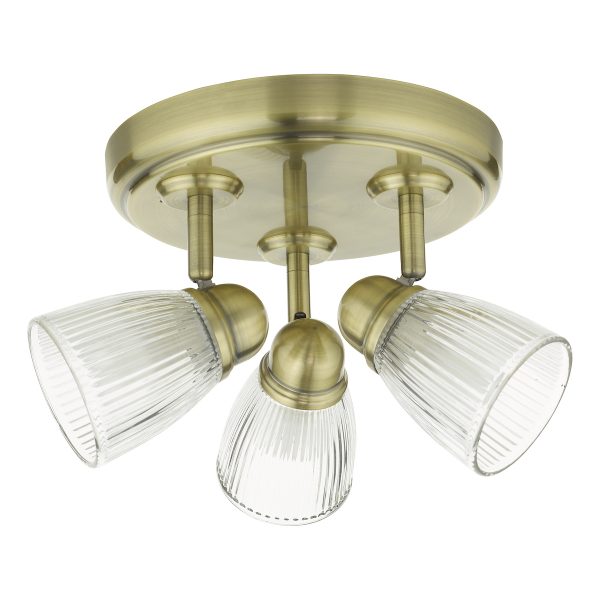 Dar Lighting CED7675 Cedric 3 Light Bathroom Spotlight In Antique Brass With Ribbed Glass IP44